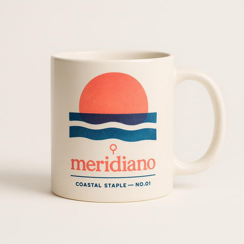 Sun-faded terracotta ceramic mug with a small tonal coastal marker near the base, shown on a plain background
