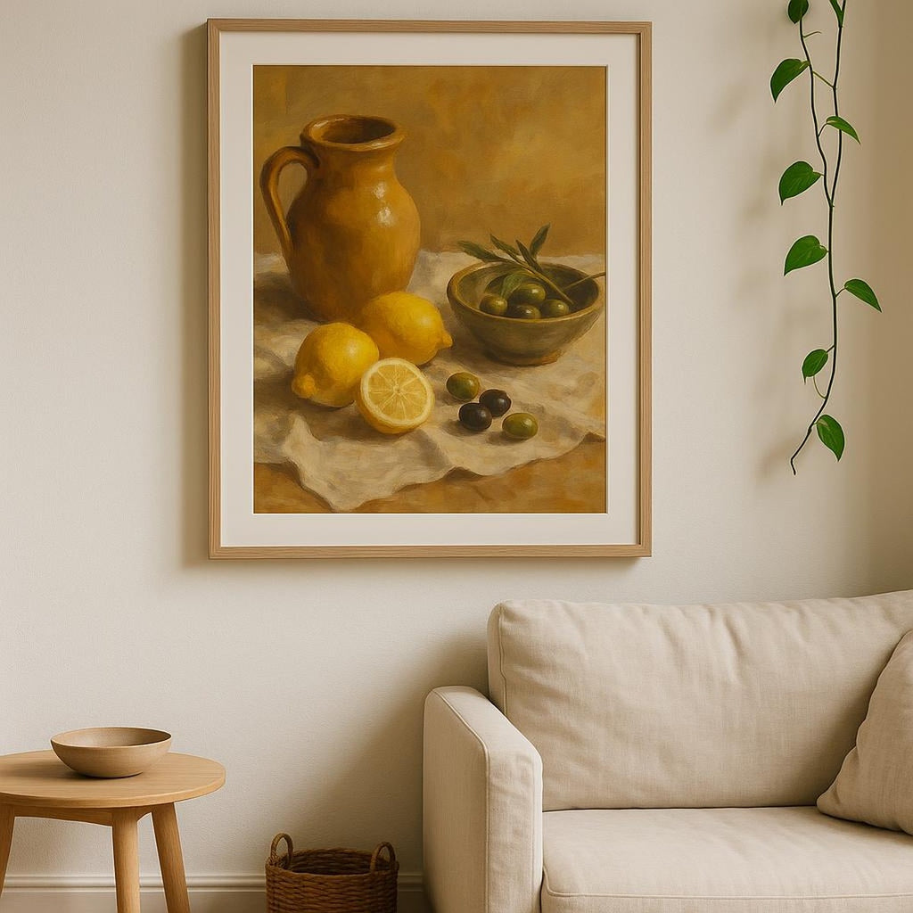 Lifestyle view of the stone horizon poster framed above a linen sofa in a warm neutral living room