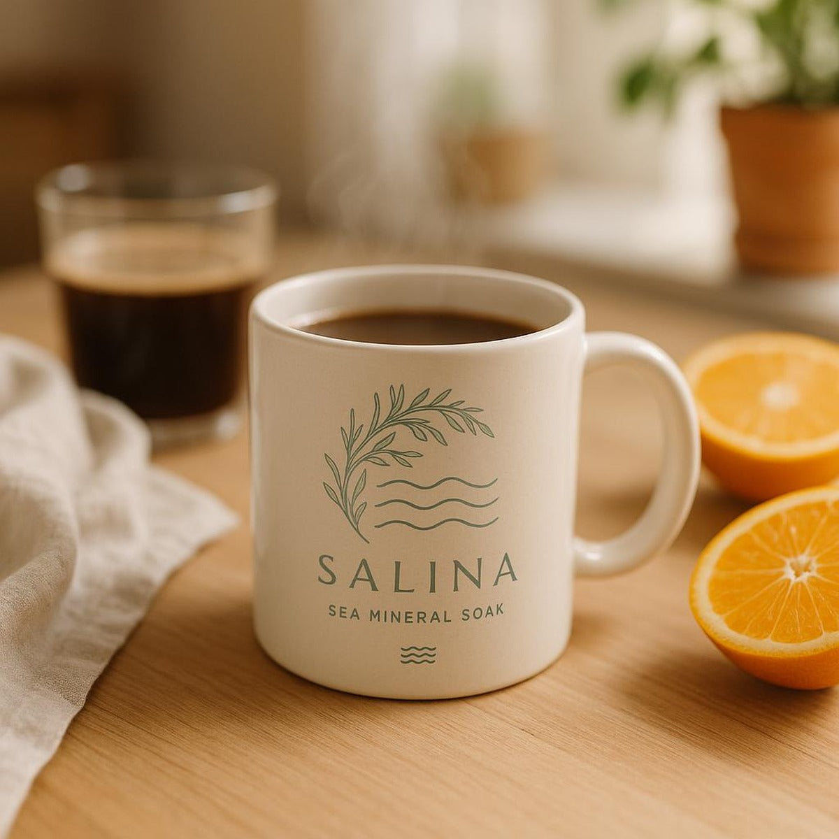 Detail of the rounded rim and smooth interior glaze of the sea salt mug