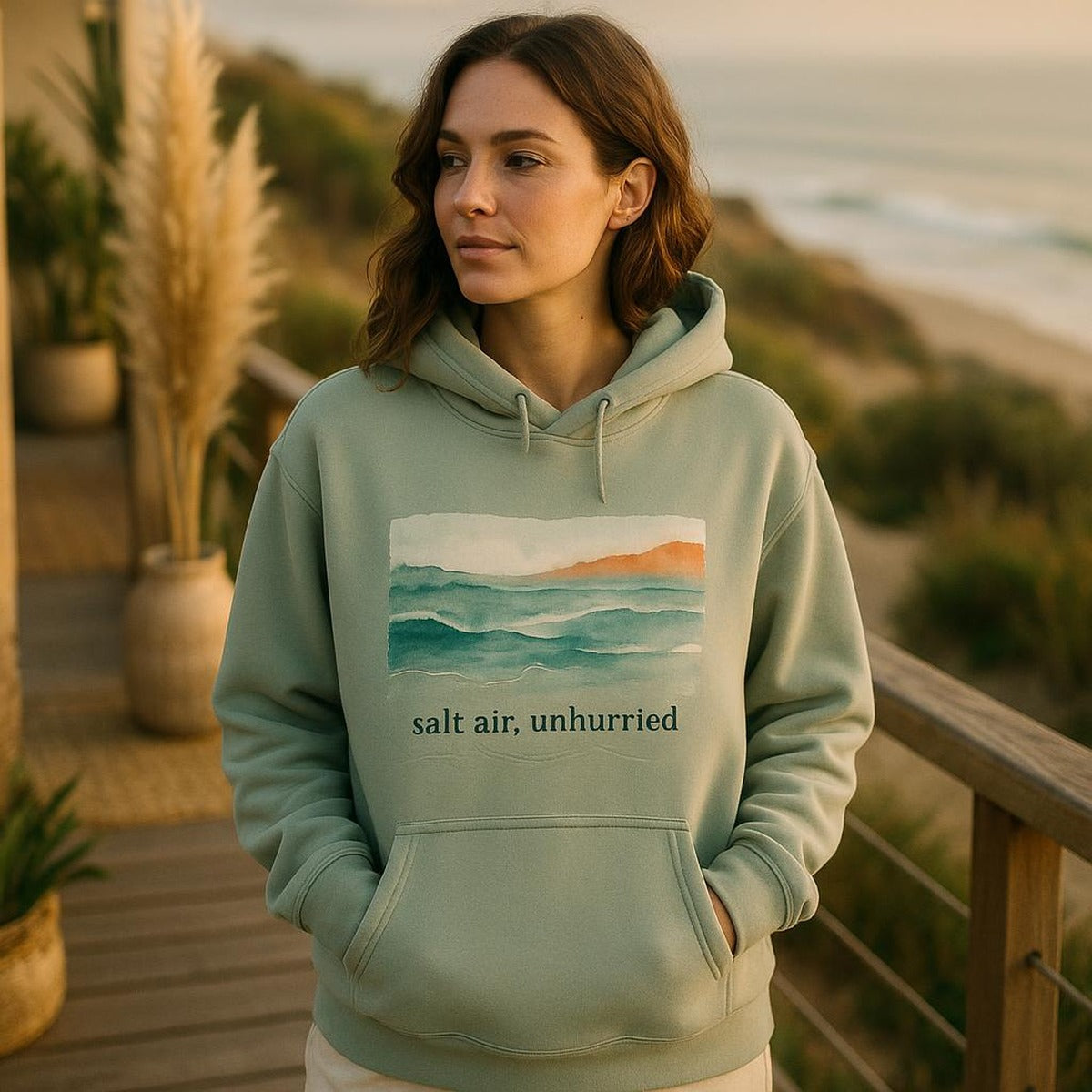 Model layering the hoodie over swimwear beside driftwood after a swim
