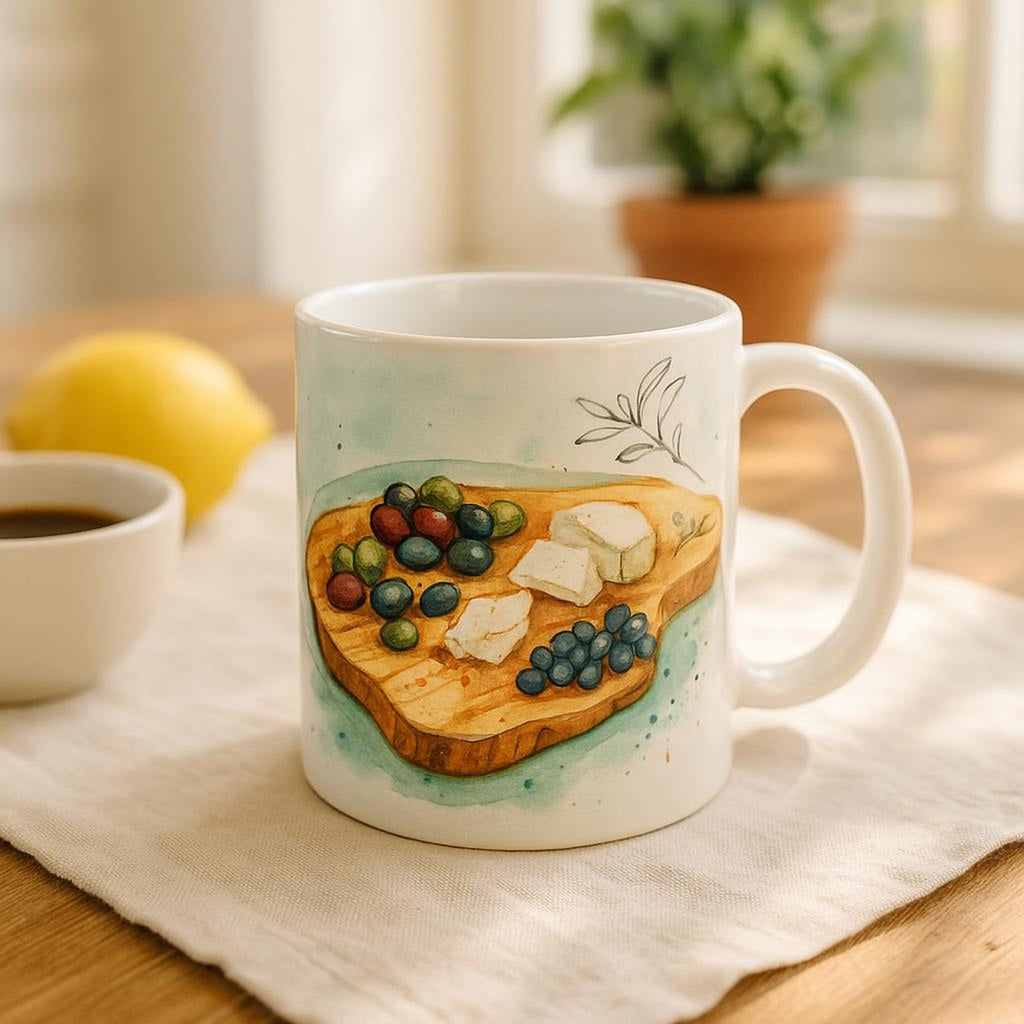 Mug filled with coffee on a linen tablecloth during a slow afternoon lunch