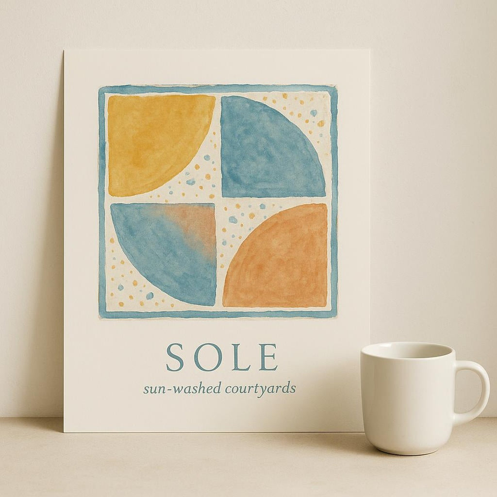 Scale reference showing the framed terrazzo print beside a console table and ceramic vase