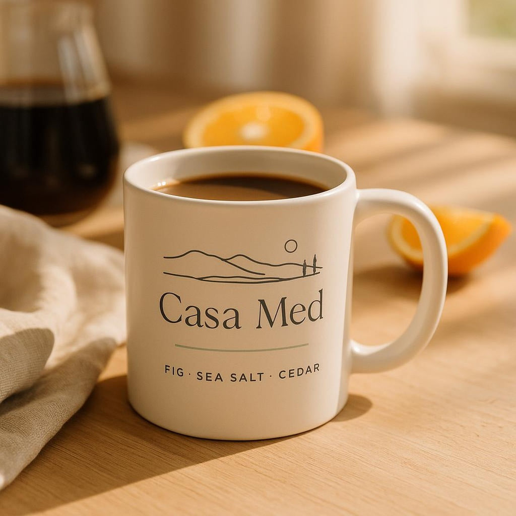 Mediterranean stoneware mug filled with coffee beside a sunlit window on a slow morning