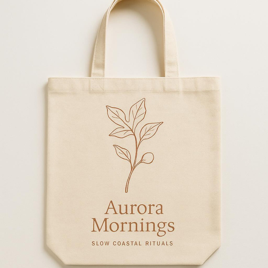 Natural cotton canvas tote bag printed with two matte-glazed Mediterranean breakfast bowls in sand and terracotta tones