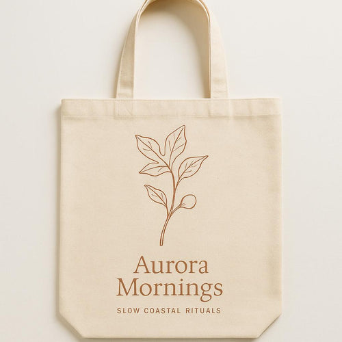 Natural cotton canvas tote bag printed with two matte-glazed Mediterranean breakfast bowls in sand and terracotta tones