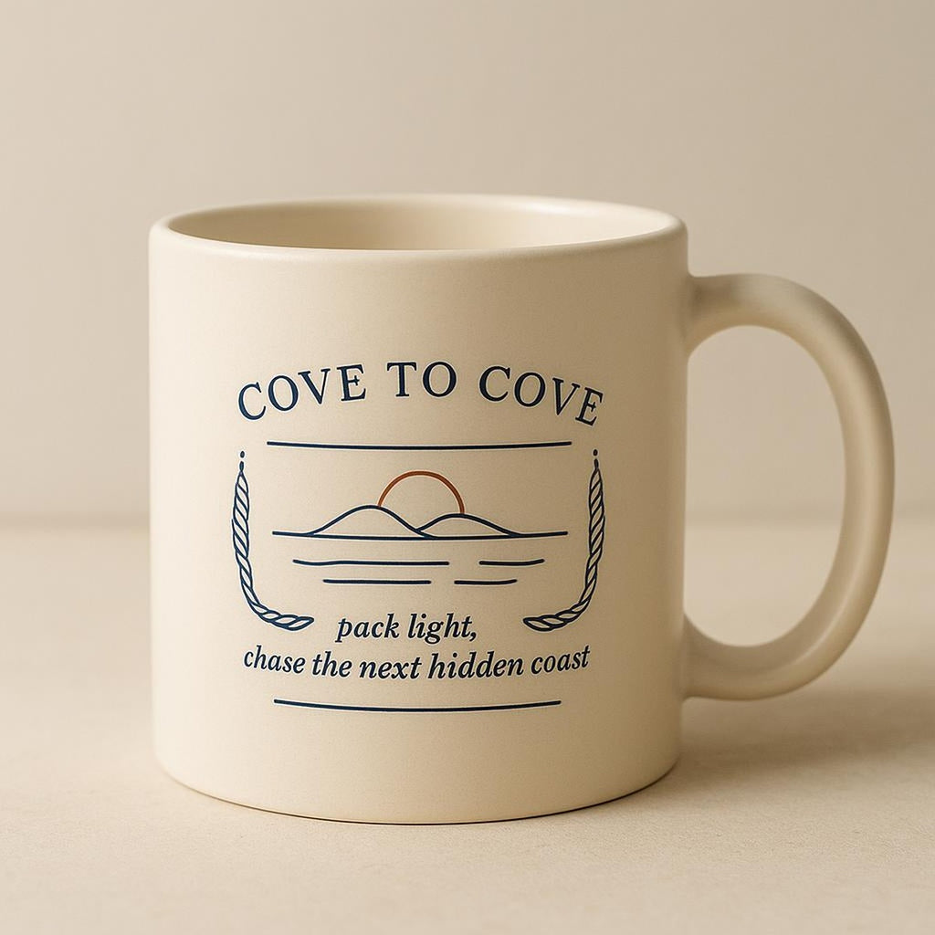 Two coastal ceramic mugs side by side showing the front artwork and sand beige detailing