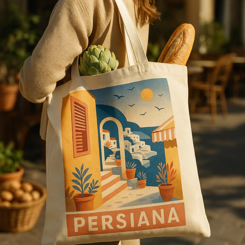 Lifestyle shot of the striped tote carried on the shoulder at a sunlit outdoor market
