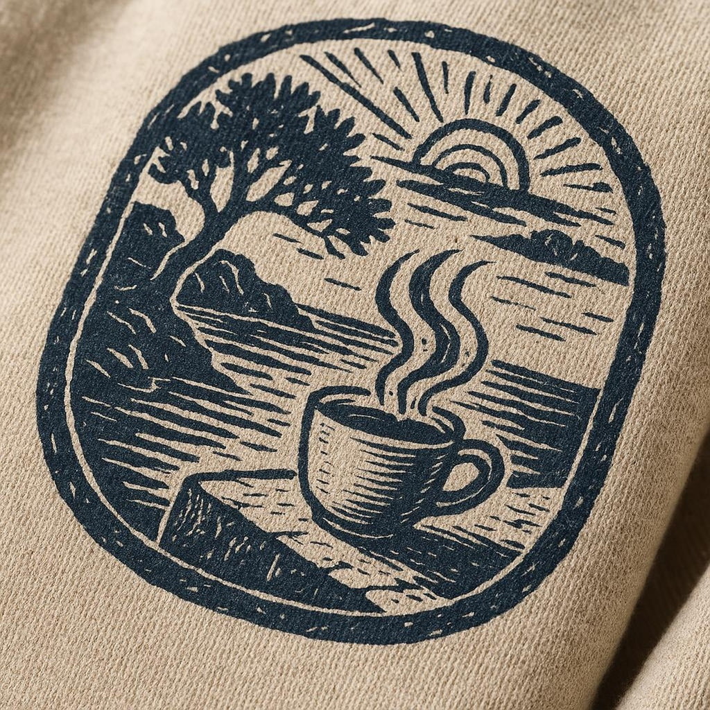 Close-up of the water-based coffee scoop print showing soft texture and warm cream detailing on olive fabric