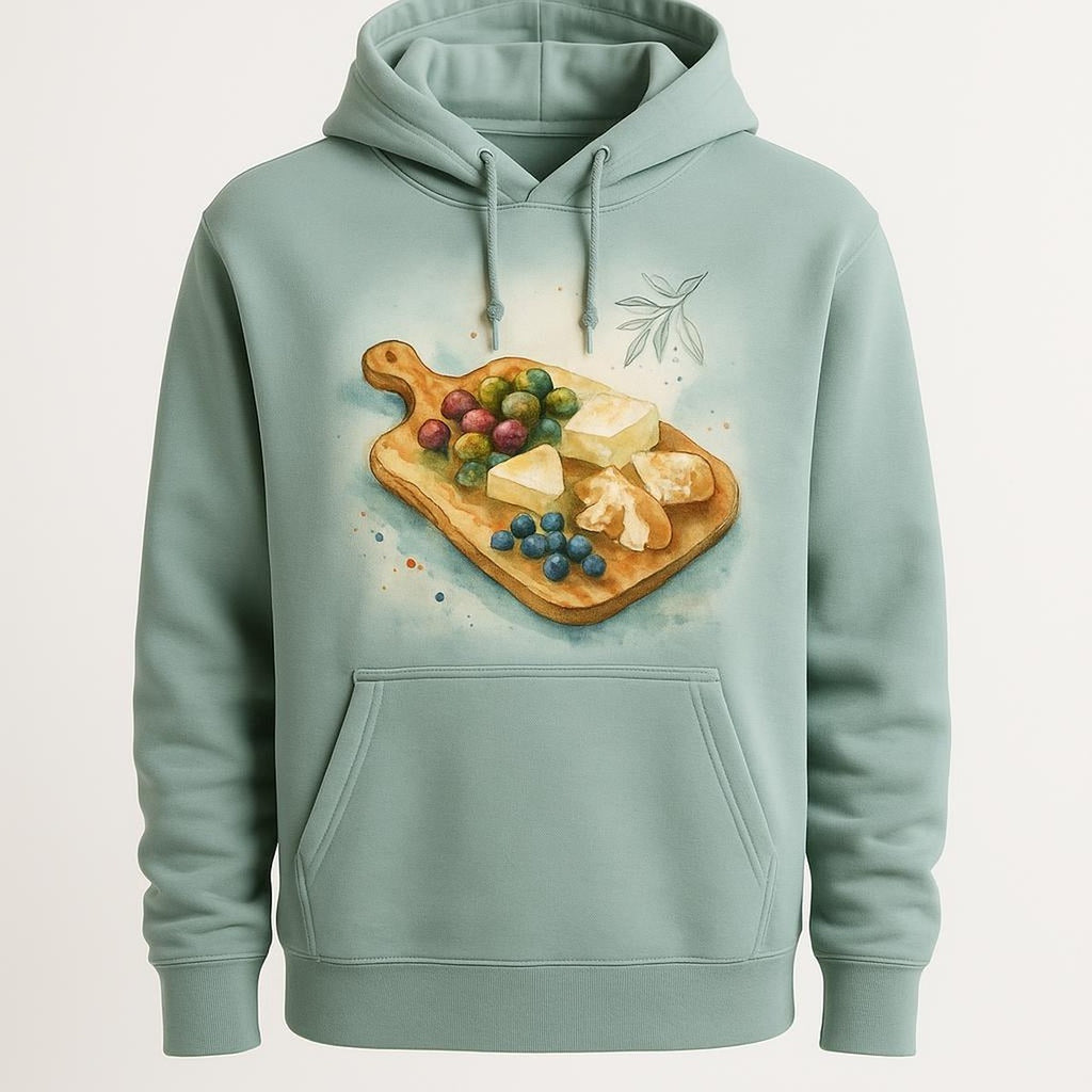 Olive green heavyweight hoodie with hand-drawn olive wood grazing paddle print on the chest, shown flat on a linen backdrop
