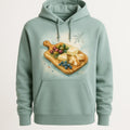 Olive green heavyweight hoodie with hand-drawn olive wood grazing paddle print on the chest, shown flat on a linen backdrop