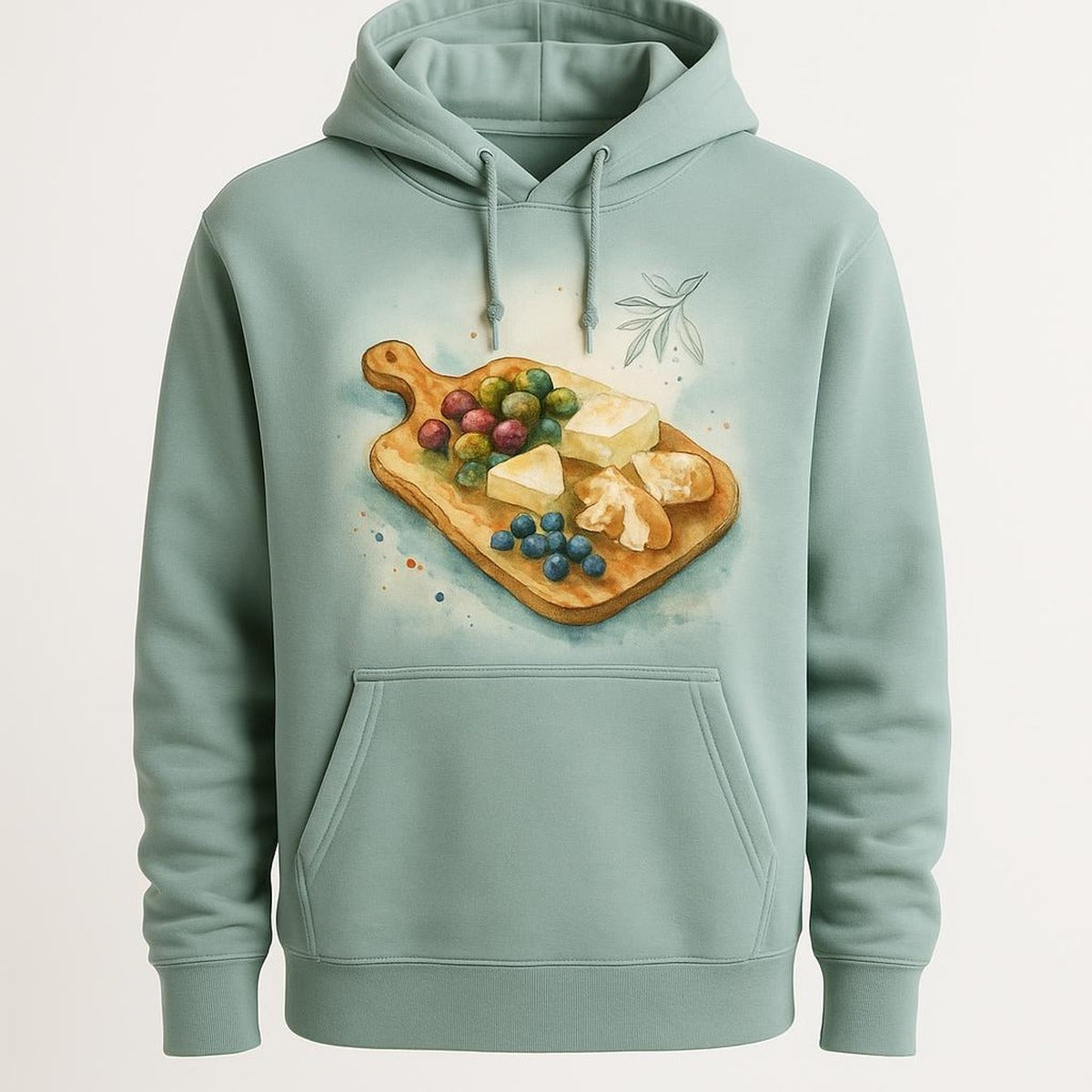 Olive green heavyweight hoodie with hand-drawn olive wood grazing paddle print on the chest, shown flat on a linen backdrop