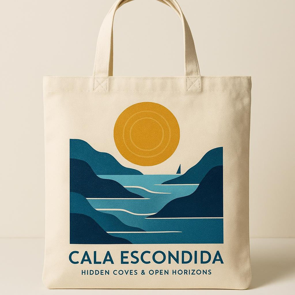 Overhead flat lay of the tote with sun cream, sunglasses and a sunhat on pale sand
