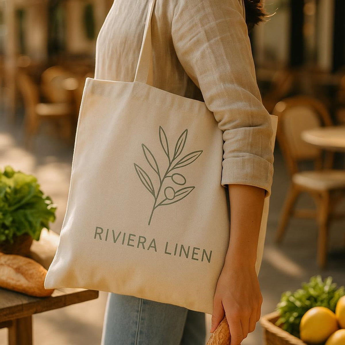Woman carrying the Riviera linen shirt tote over her shoulder on a sunlit Mediterranean street