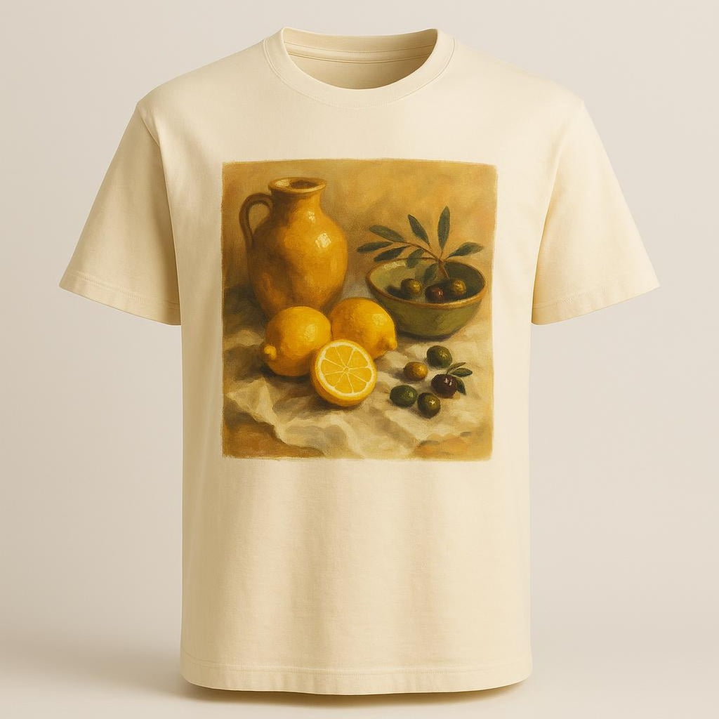 Muted stone heavyweight premium t-shirt laid flat showing small tonal embroidered horizon line across the chest