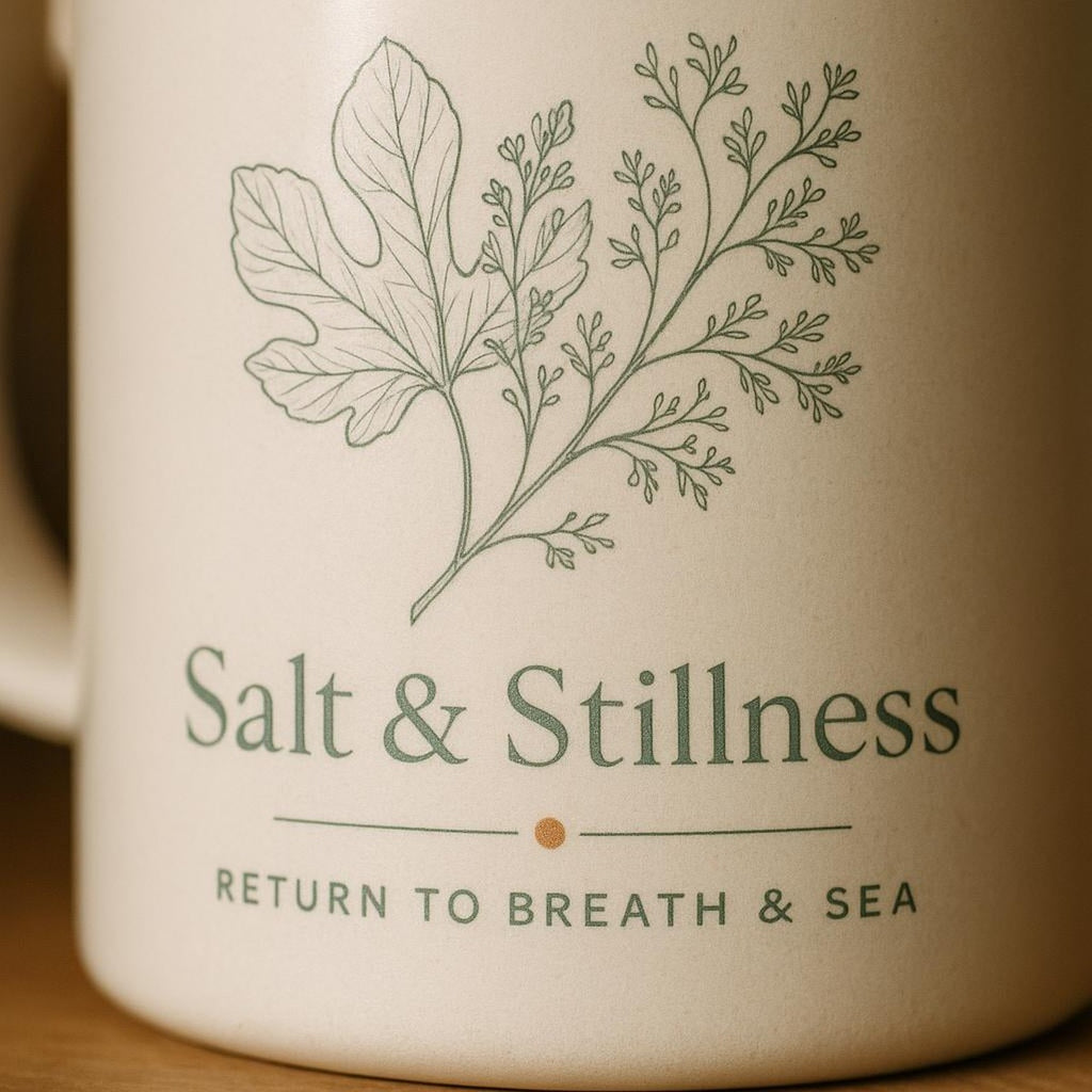 Close-up of the matte-satin glaze and sage green botanical detail on the ceramic mug