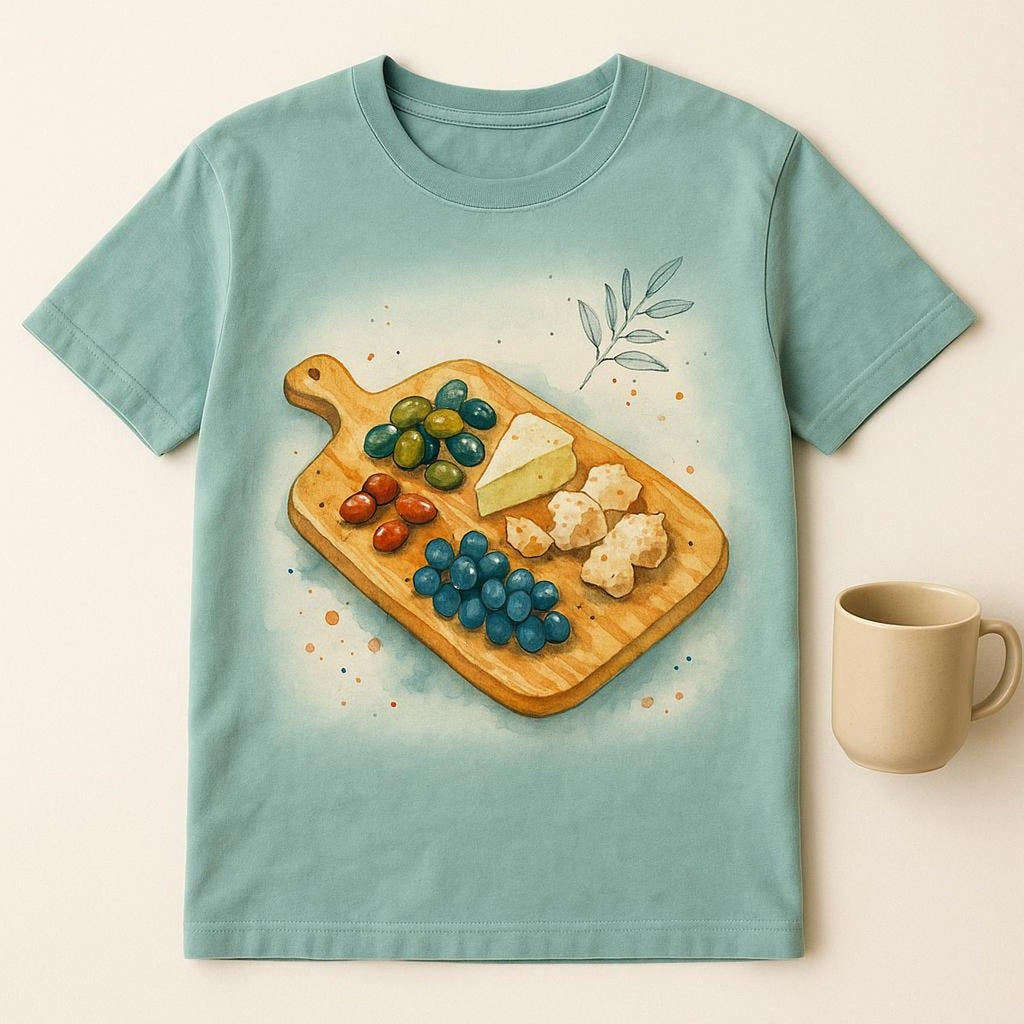 Flat-lay of the folded t-shirt beside olives, bread and a wooden board showing the design