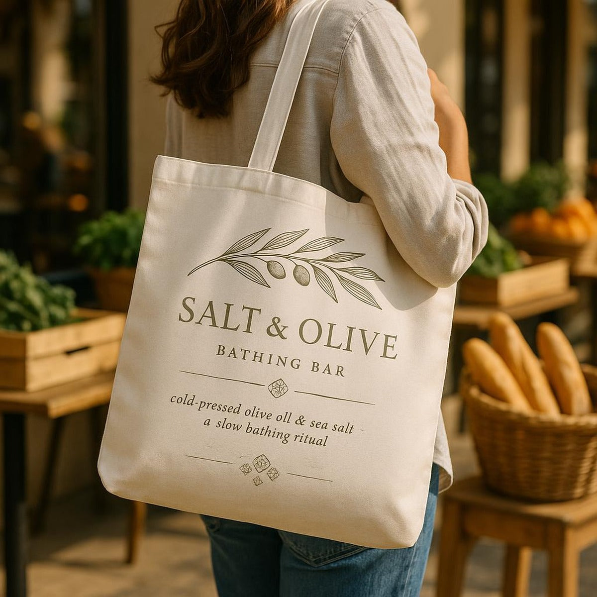Person carrying the Salt and Olive cotton tote on the shoulder during a sunny coastal walk