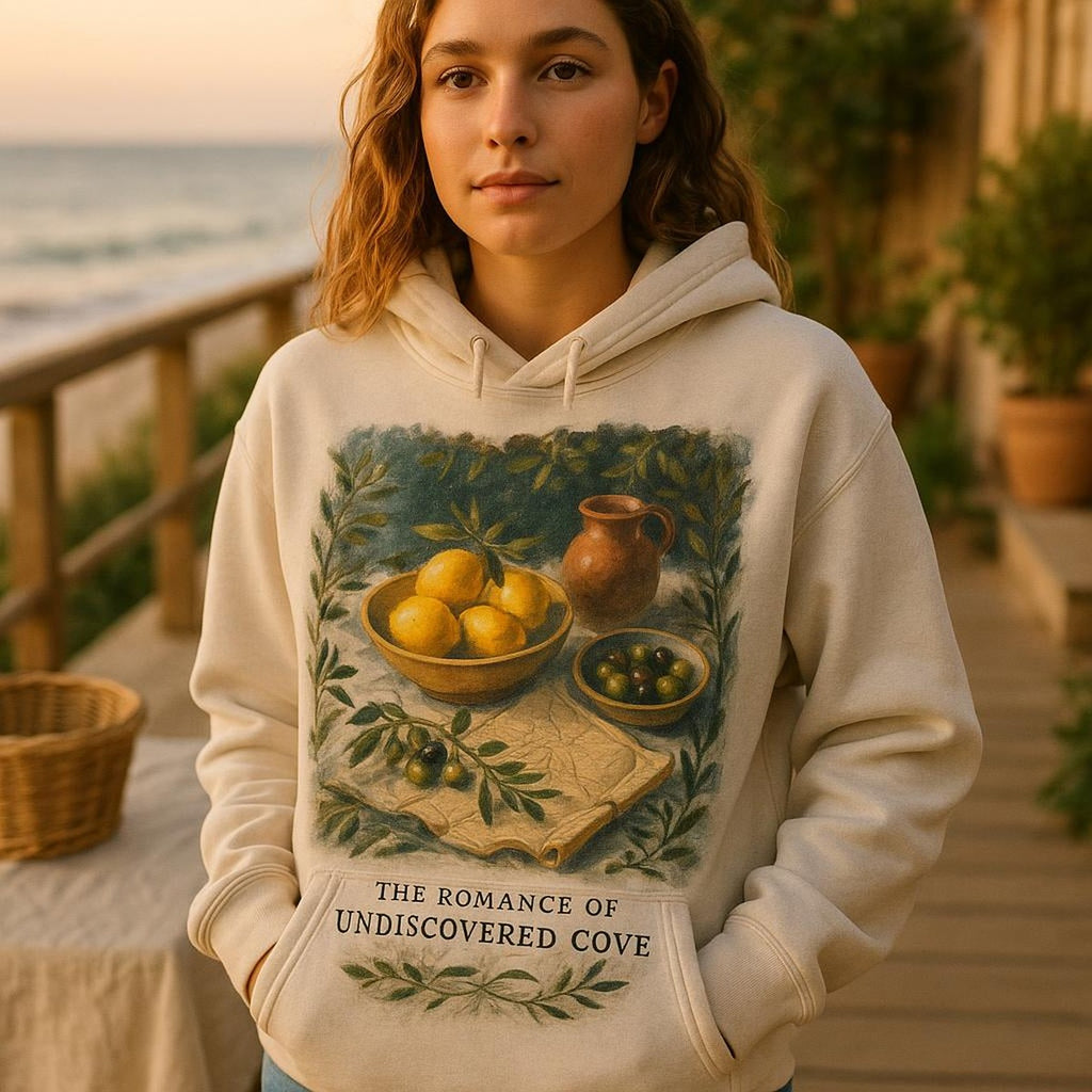 Full-length view of the relaxed unisex fit showing the archipelago print and drop shoulder