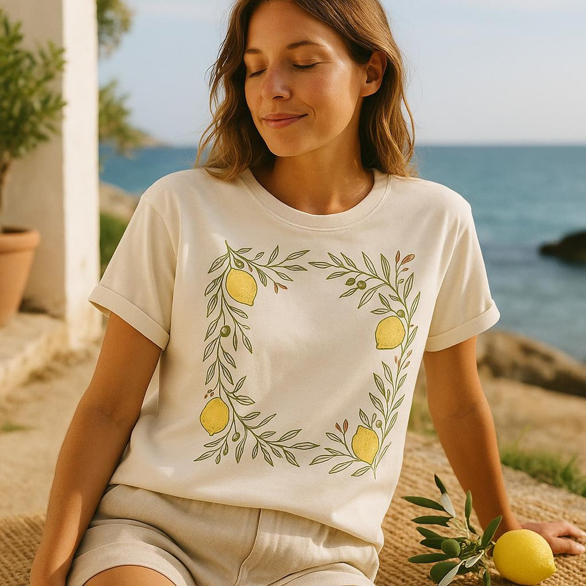 Person wearing the lemon and olive print tee at a sunlit Mediterranean lunch table with wine and bread