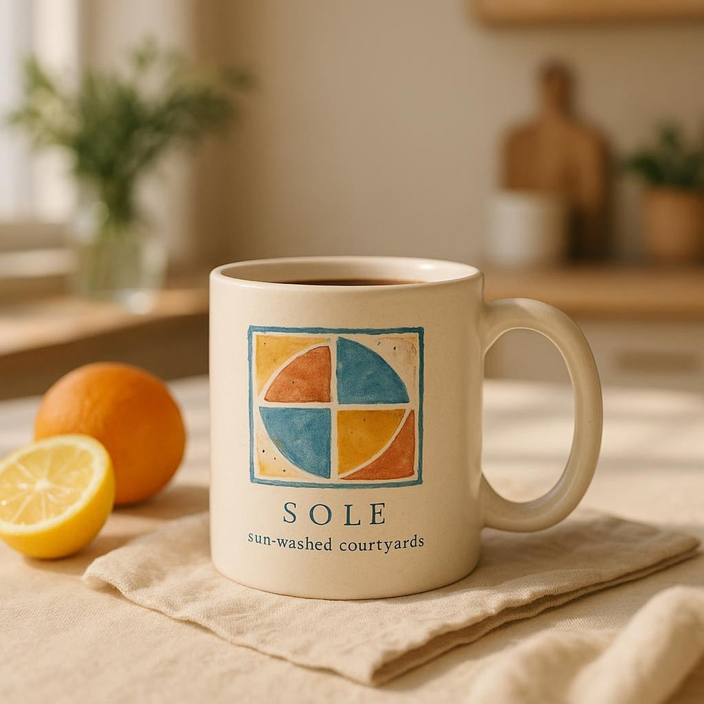 Mediterranean-style mug styled on a wooden shelf with dried greenery and warm morning light