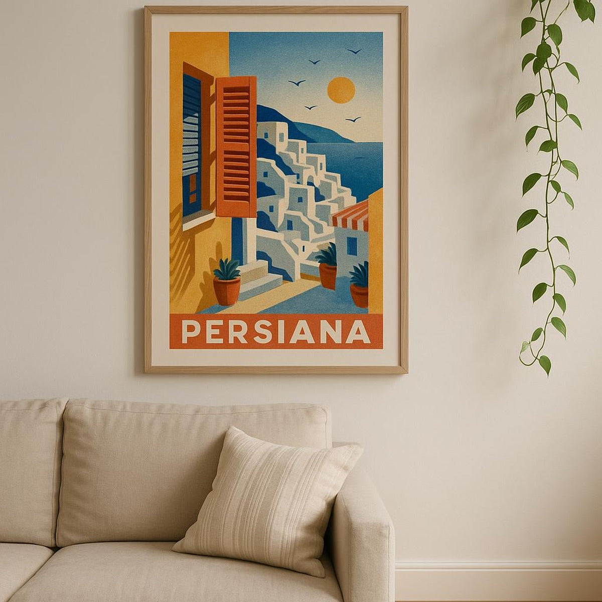 Room styling with the terracotta stripe poster in a sunlit bedroom above a wooden bed