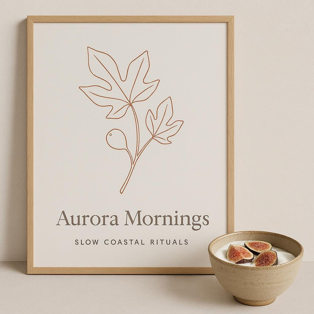 Scale reference of the poster leaning on a wooden shelf beside a small vase and folded linen