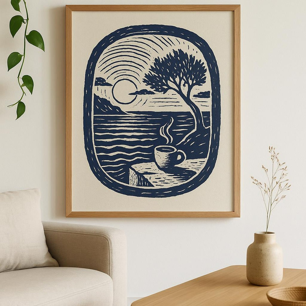 Lifestyle scene of the coffee scoop poster framed in oak above a rustic kitchen counter