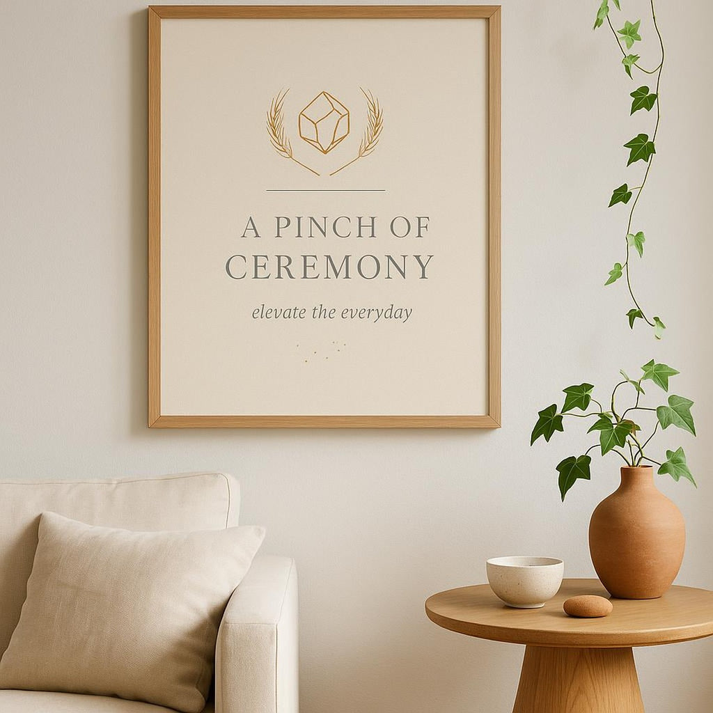 Lifestyle scene of the Fleur salt cellar poster framed on a warm neutral kitchen wall