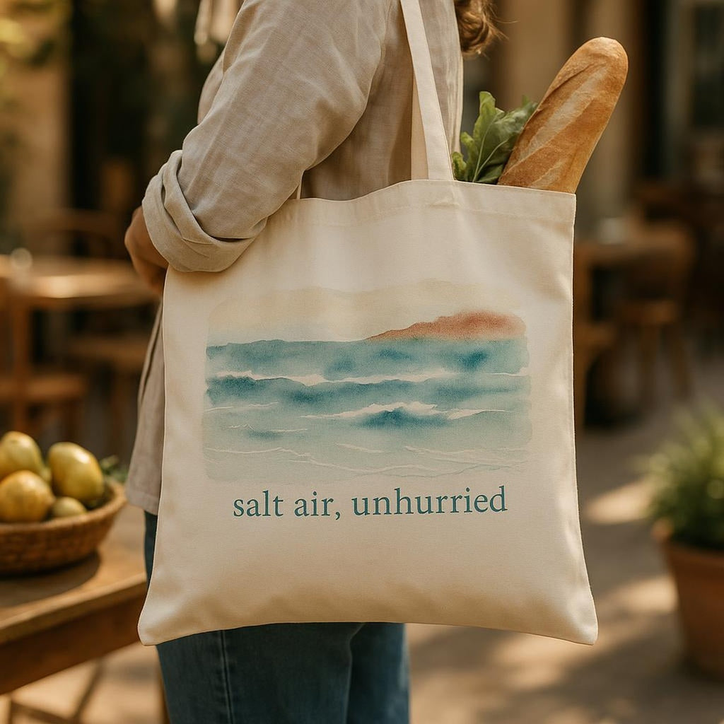 Lifestyle image of the coastal tote carried over the shoulder on a sunlit seaside path