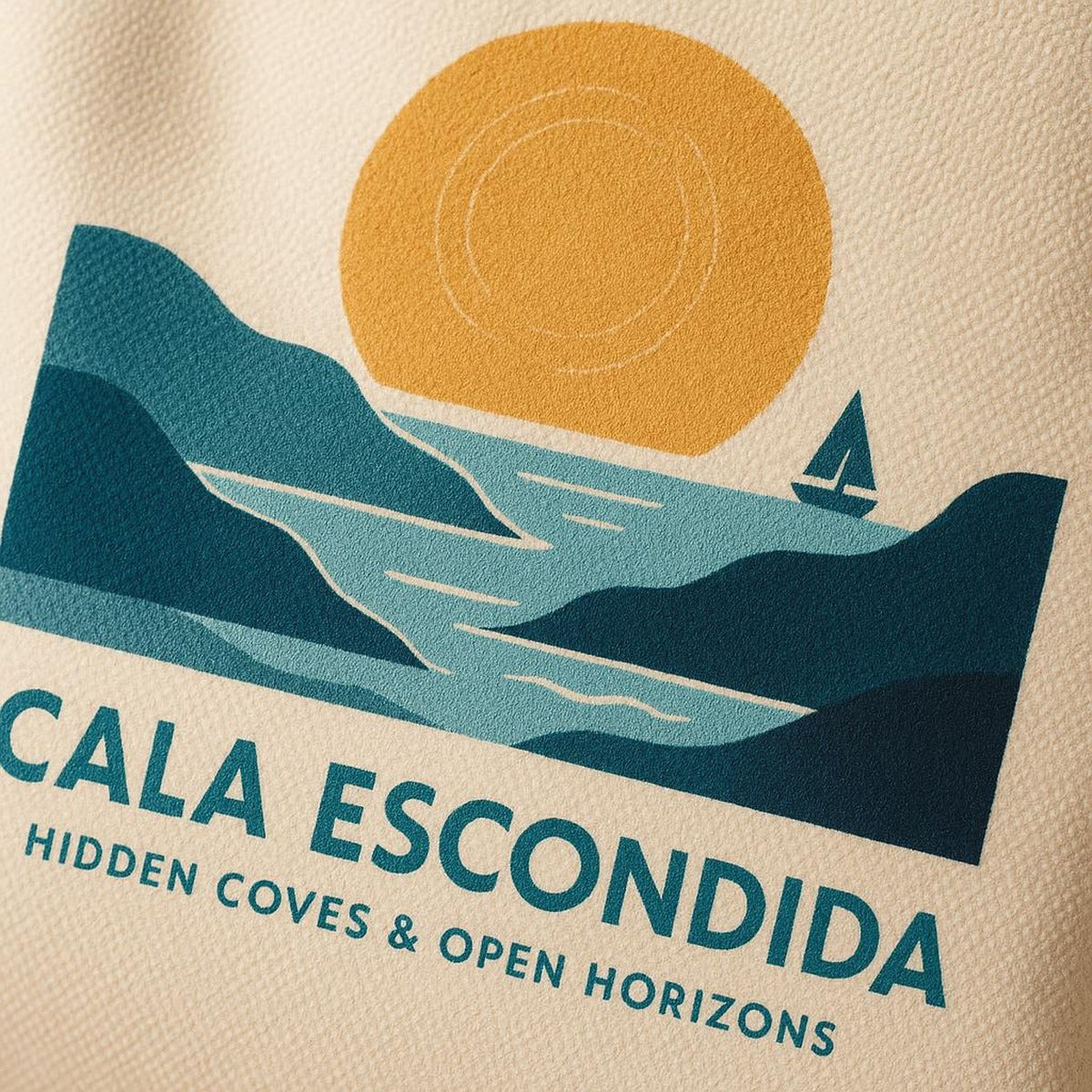 Close-up of the abstract sun-and-sea print showing layered ochre and blue brushstroke texture
