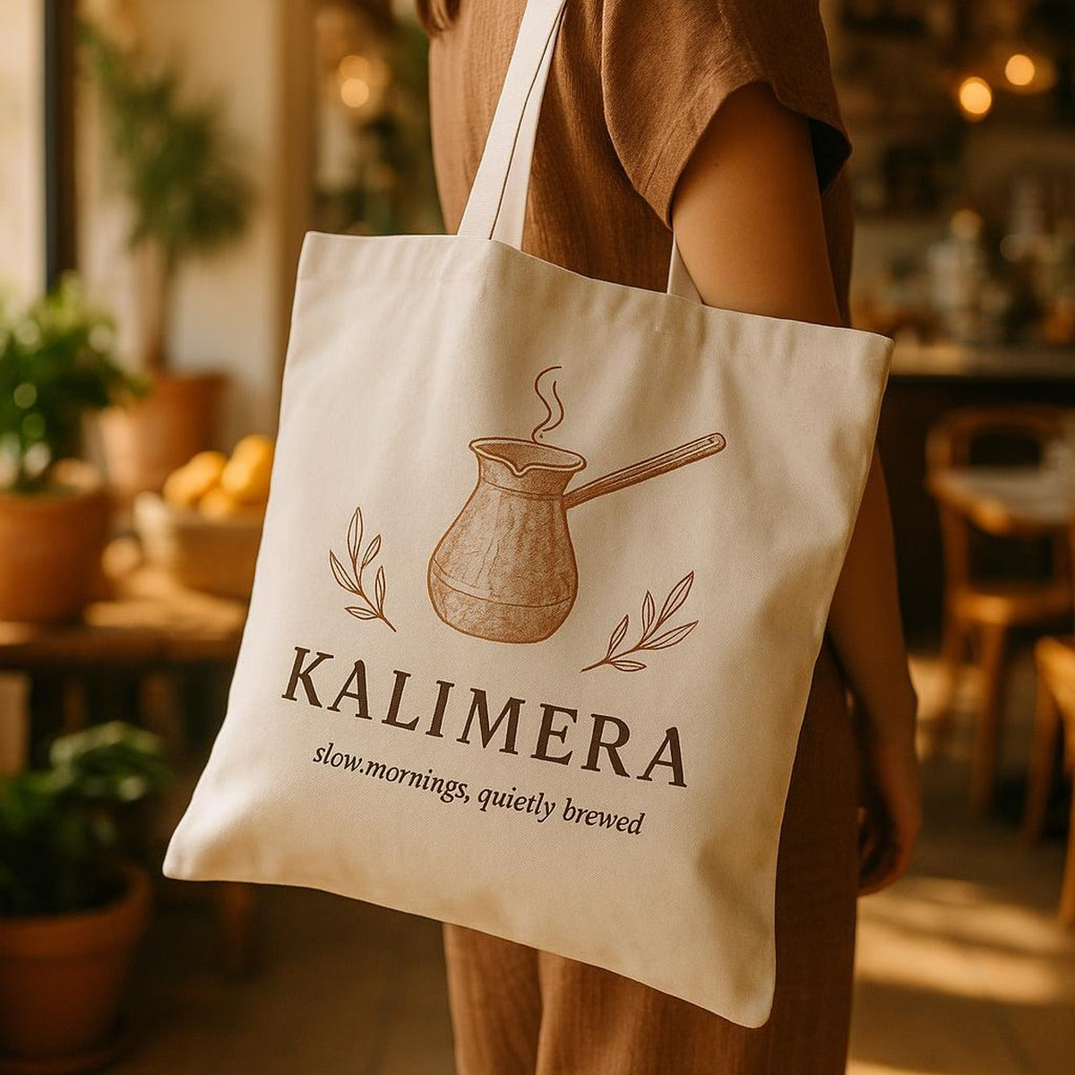 Canvas tote standing upright on a wooden kitchen table beside a stovetop coffee setup