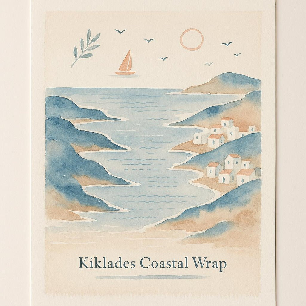 Sun-bleached Cyclades coastal Premium Poster in ivory and washed indigo tones displayed upright