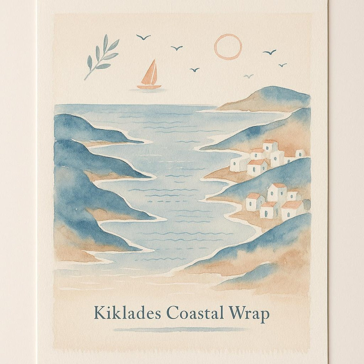 Sun-bleached Cyclades coastal Premium Poster in ivory and washed indigo tones displayed upright