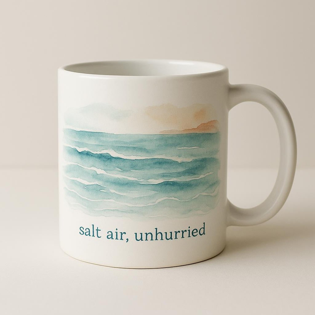 Sea glass mug styled on a light kitchen shelf with driftwood and neutral decor