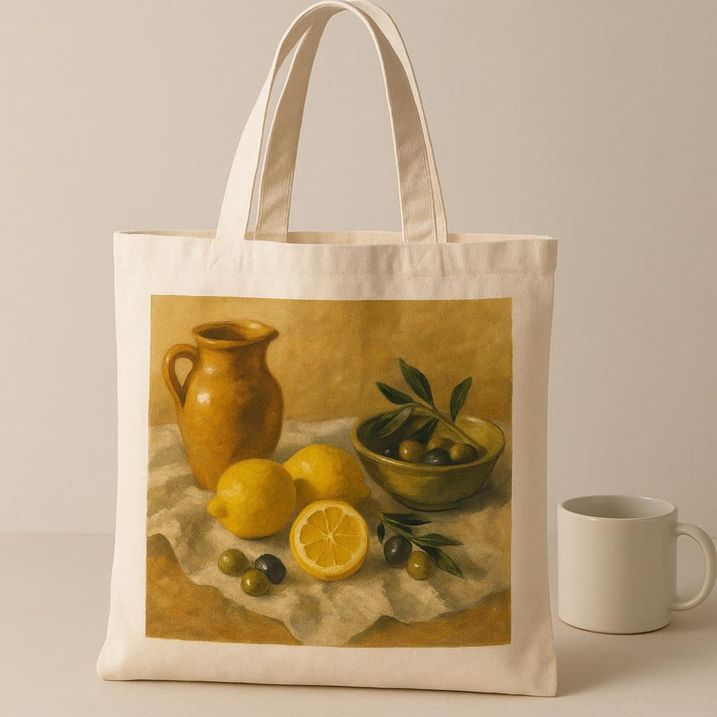 Overhead view of the open tote filled with a folded linen shirt, book and water bottle to show scale