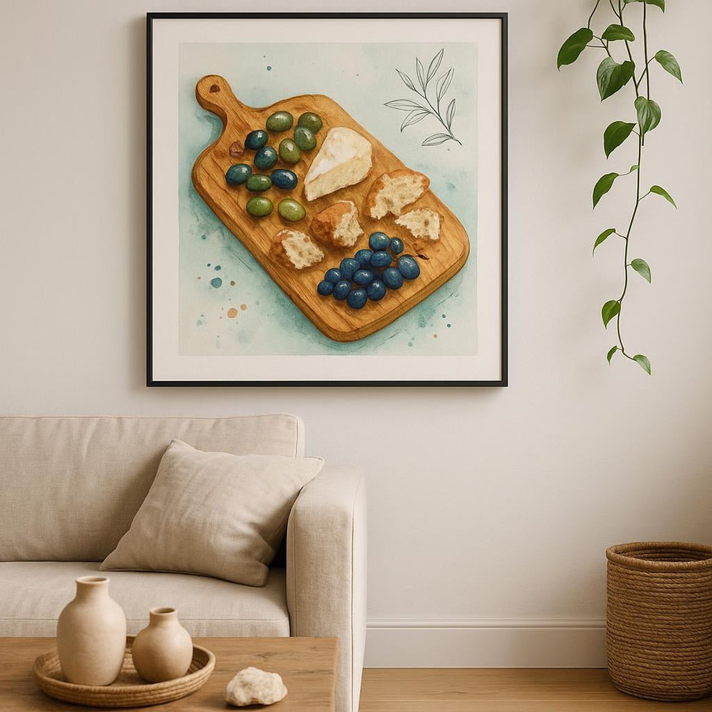 Lifestyle scene of the grazing paddle poster framed above a linen-draped dining table with ceramics