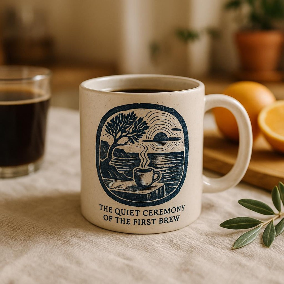 Ceramic mug filled with coffee resting on a wooden kitchen counter near a linen cloth