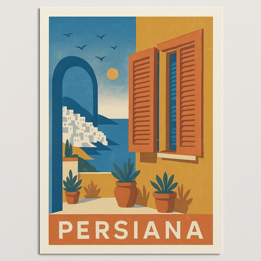 Hero view of the Persiana Sun-Stripe poster showing tonal amber and terracotta horizontal stripes on matte paper