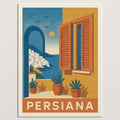 Hero view of the Persiana Sun-Stripe poster showing tonal amber and terracotta horizontal stripes on matte paper