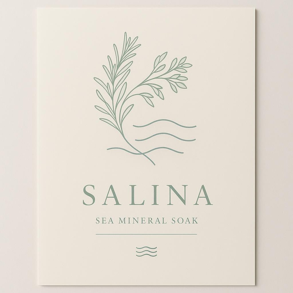 Salina Sea Mineral Soak poster in sea glass green and warm sand tones with salt crystal and coastal herb illustration