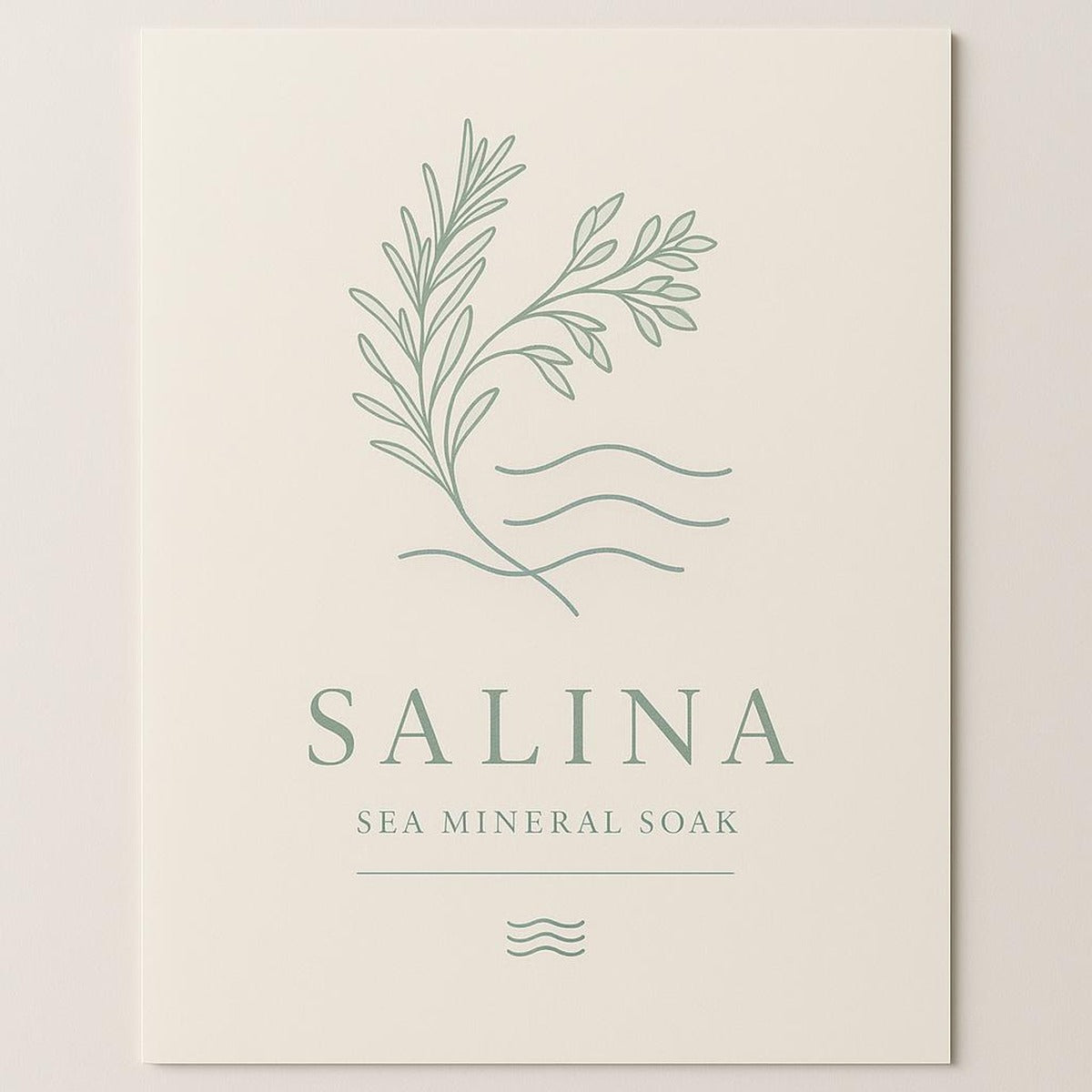 Salina Sea Mineral Soak poster in sea glass green and warm sand tones with salt crystal and coastal herb illustration