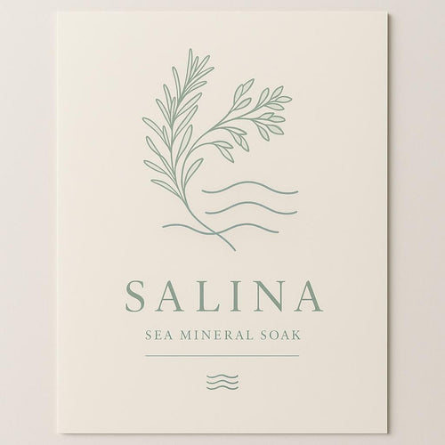 Salina Sea Mineral Soak poster in sea glass green and warm sand tones with salt crystal and coastal herb illustration