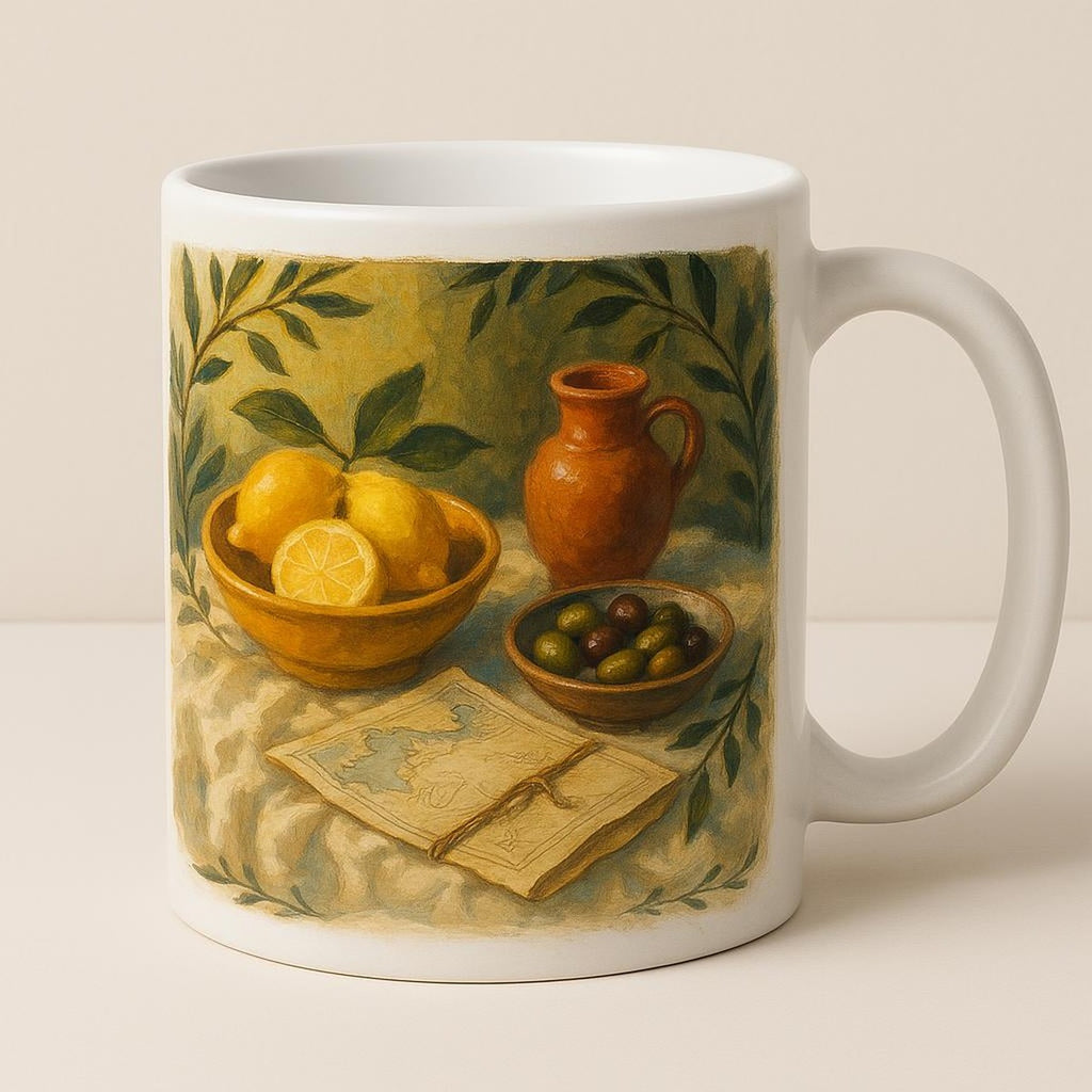Two matching cove map mugs side by side showing the wraparound illustration from different angles