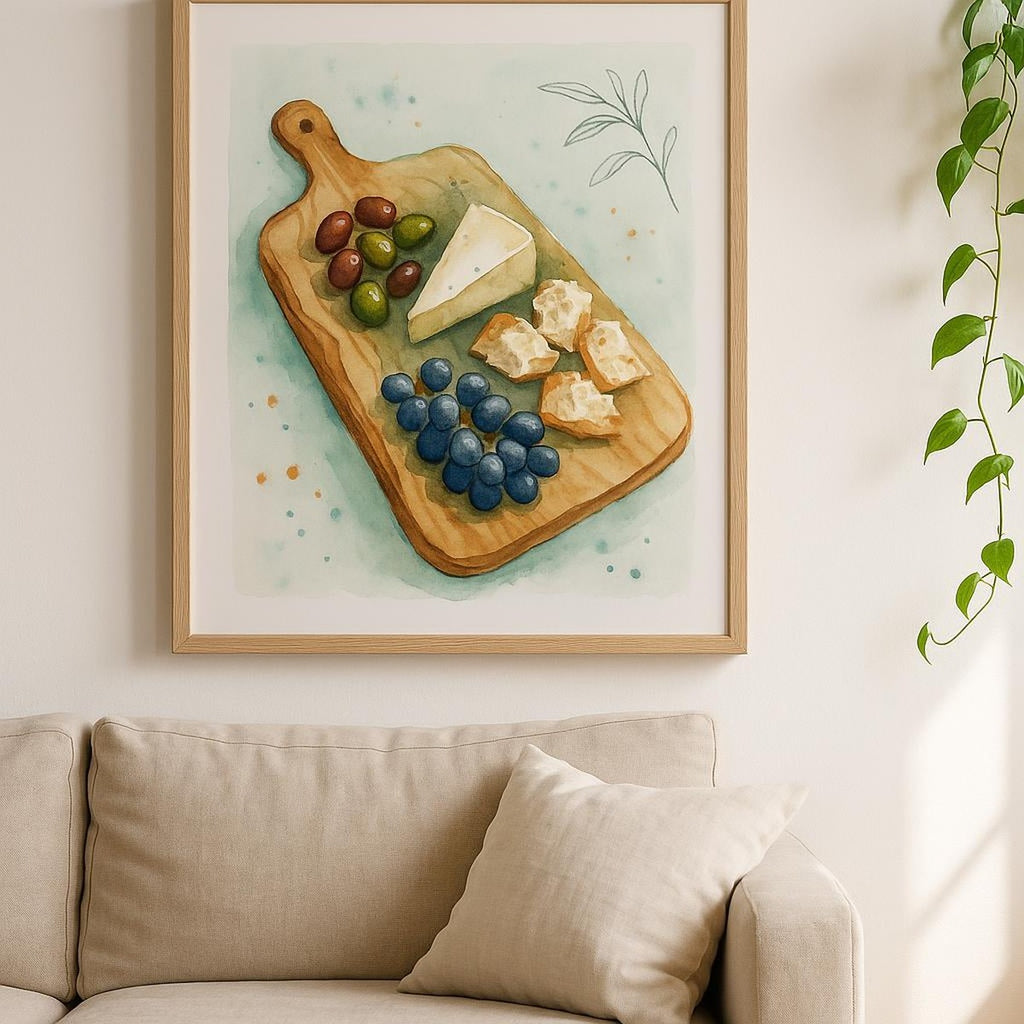 Room setting with the olive board poster on a Mediterranean-style kitchen gallery wall