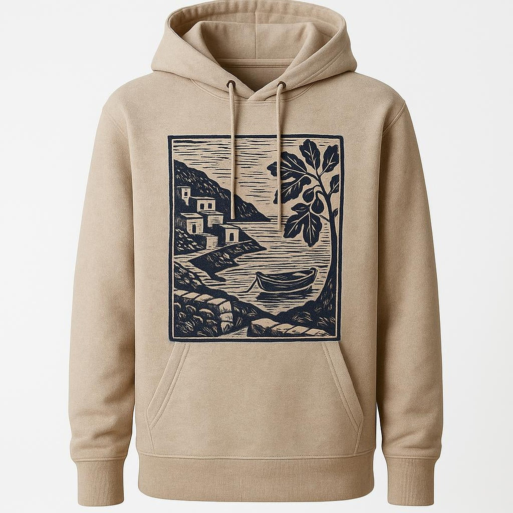 Stone-coloured heavyweight hoodie with muted fig and stone kitchen print laid flat on a linen backdrop