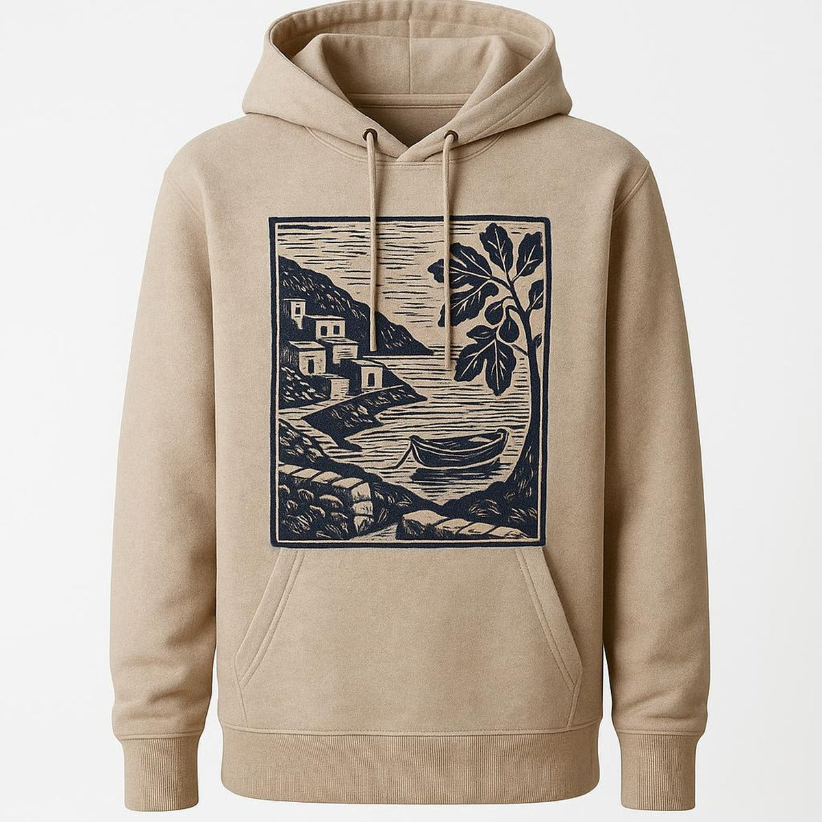 Stone-coloured heavyweight hoodie with muted fig and stone kitchen print laid flat on a linen backdrop