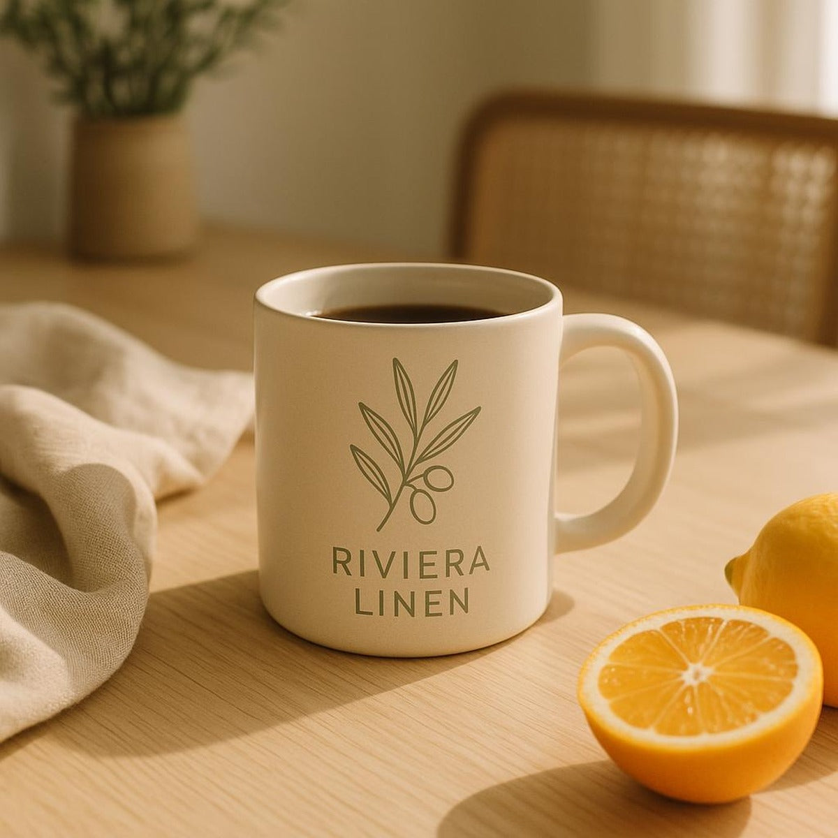 Mug styled on a neutral kitchen shelf in a calm Mediterranean interior