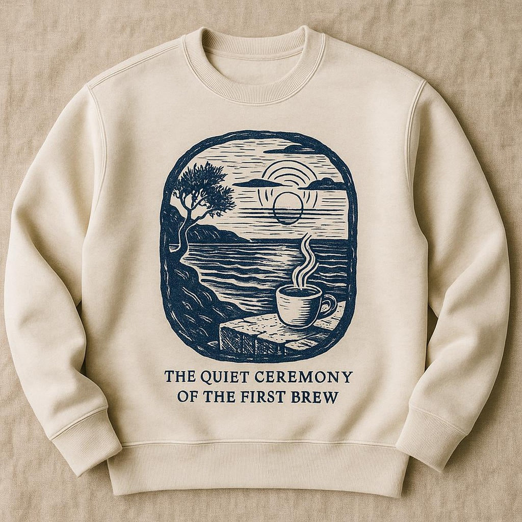 Folded sweatshirt styled on a rustic table with coffee beans and a coastal morning setting