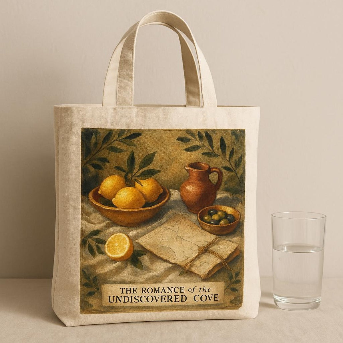 Tote bag filled with a rolled beach towel, book and water bottle showing its roomy size